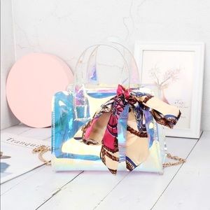 Holographic Clear Small Chain Bag w Twilly Scarf